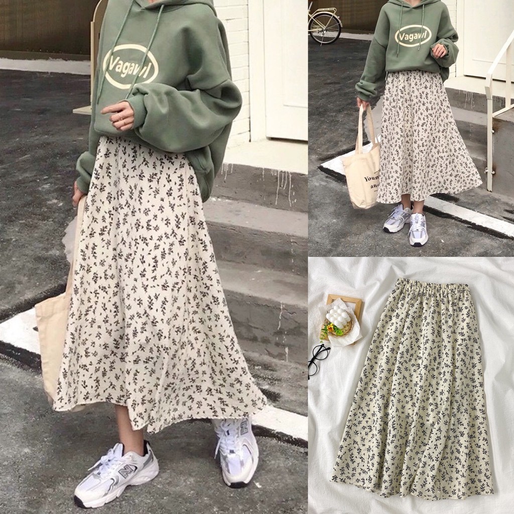 Chân váy hoa nhí vintage ulzzang cạp trước khóa sườn tôn dáng