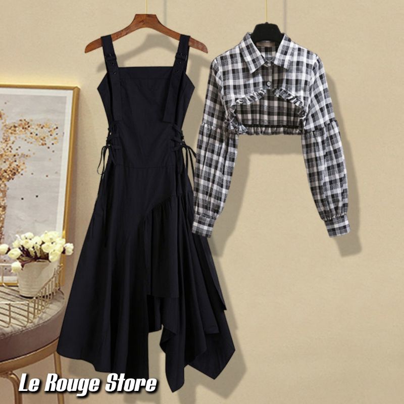 (Order sẵn váy) Set trang phục nữ áo sơ mi croptop đuôi bèo kẻ sọc + đầm hai dây vạt chéo đen cá tính sexy style Hàn