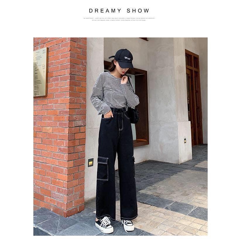 Quần suông ống rộng unisex giả jean viền chỉ lưng cao kèm túi hộp 2 bên màu đen GuuZ Fashionista | BigBuy360 - bigbuy360.vn