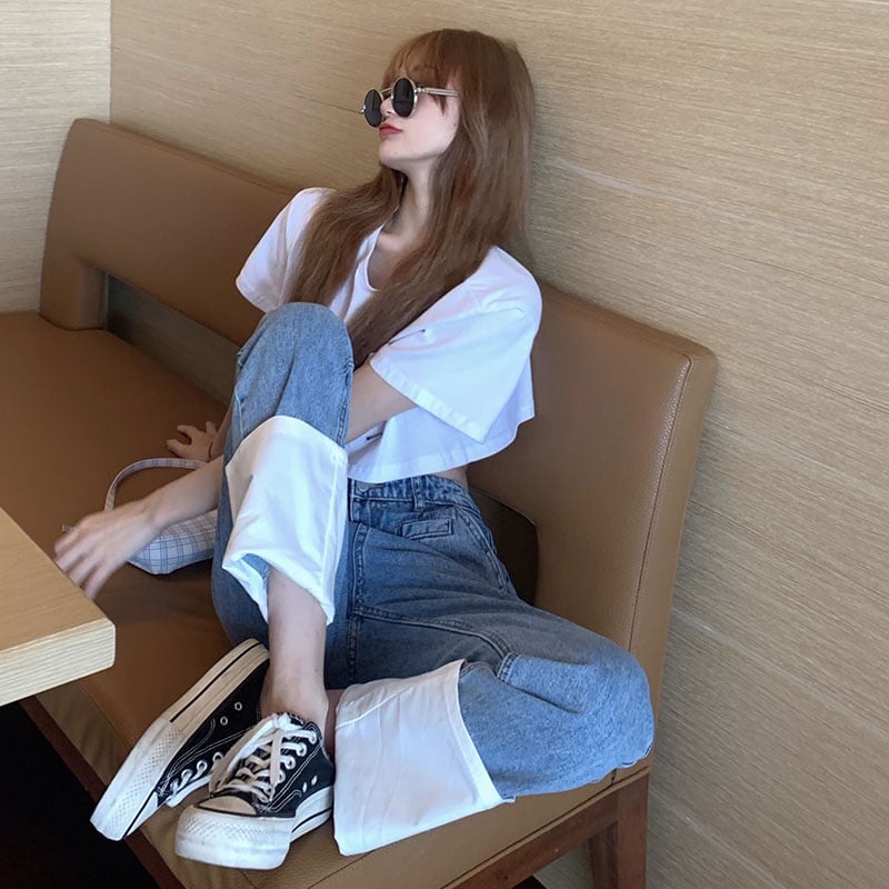 Quần Baggy Jean Ống Rộng,Quần Jeans Nữ Ống Suông Dáng Lửng Lai Trắng