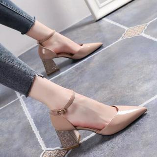 Giày cao gót bít mũi gót vuông kim tuyến 5cm