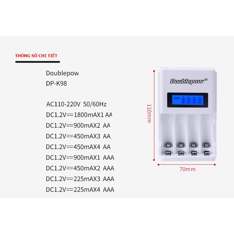 Bộ sạc pin tiểu (sạc pin AA, AAA) tốc độc cao Double pow, thông minh - DP-K98 + Tặng kèm 04 viên pin AA 1200mah