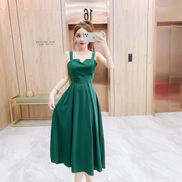 Đầm 2 Dây Xòe Dáng Dài Cổ V LSEOUL V1081 Chất Dày Dặn Ngọt Ngào Nữ Tính