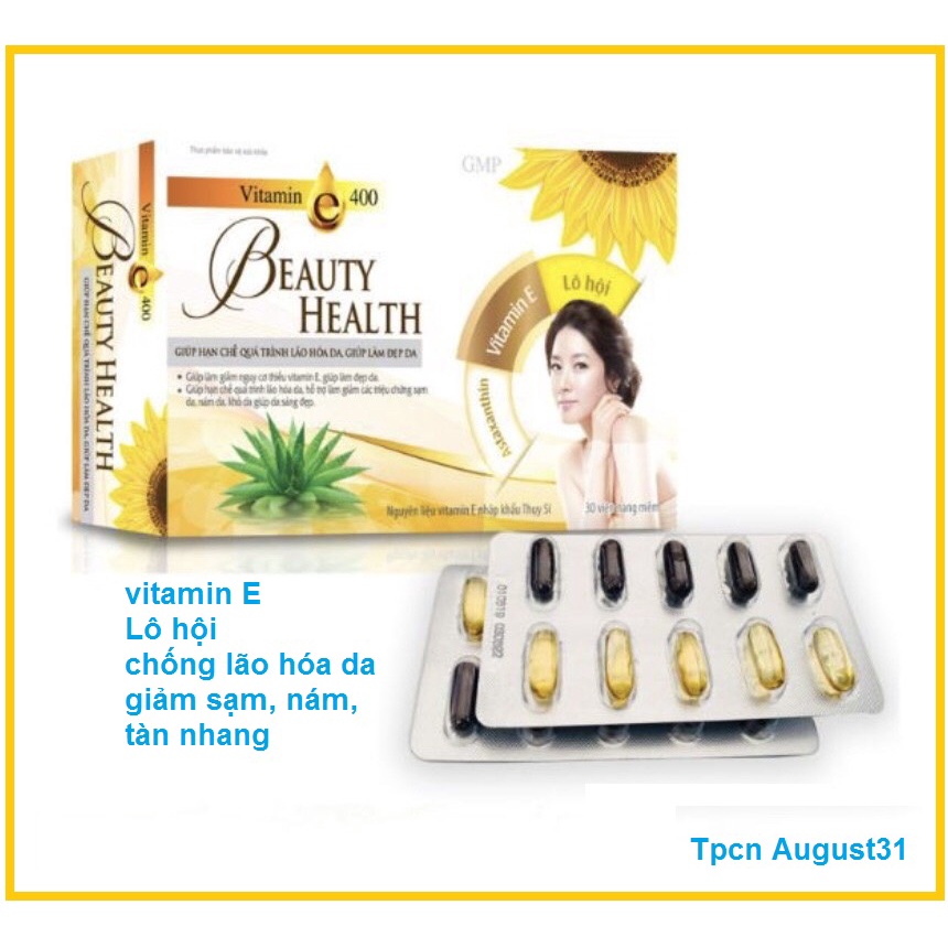 Vitamin E 400 Beauty Health  Viên đẹp da, chông lão hóa giúp giữ ẩm và tăng độ đàn hồi cho da mờ sạm nám -  Hộp 30 viên