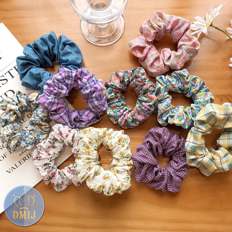 Cột Tóc Vải Scrunchies Họa Tiết Hoa Ngũ Sắc Phong Cách Hàn Quốc