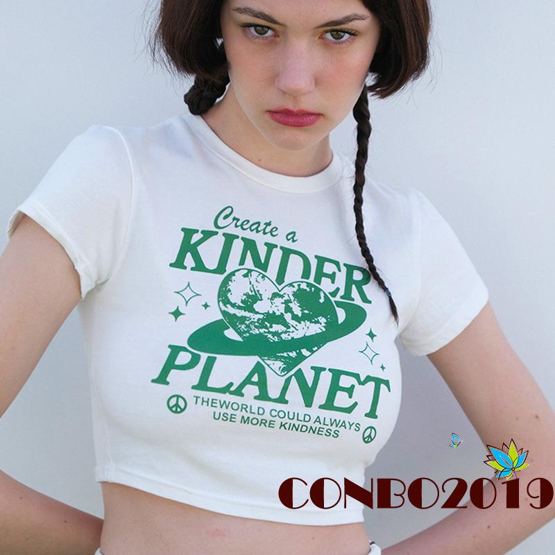 Áo Thun Crop Top Tay Ngắn Cổ Tròn In Chữ Thời Trang Mùa Hè Cho Nữ