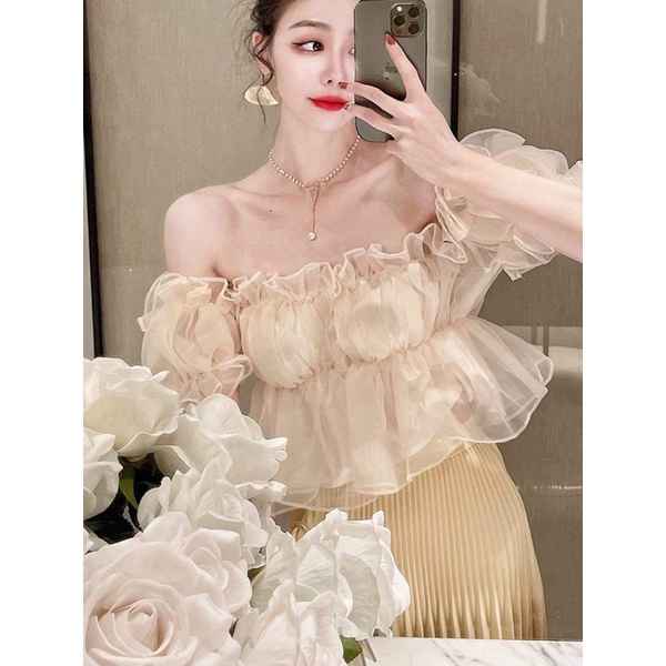 Áo voan trễ vai bèo tay phồng xốp 2 lớp xinh xắn như tiểu thư công chúa