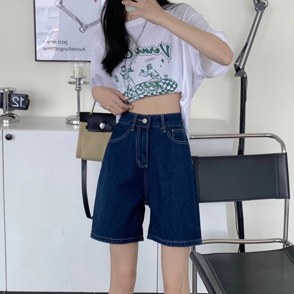 SUXI Quần Short Denim Lưng Cao Màu Sắc Đơn Giản Phong Cách Vintage Dễ Phối Đồ Cho Nữ