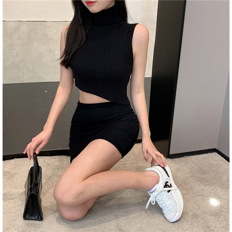 SUXI Áo dệt kim không tay cổ cao phong cách quyến rũ thời trang mùa thu dành cho nữ