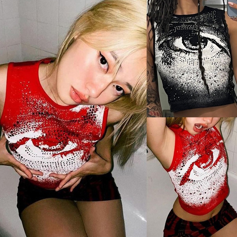Áo Croptop Không Tay Cổ Tròn In Họa Tiết Đôi Mắt To Màu Gradient Phong Cách Harajuku Gothic Punk Cho Nữ