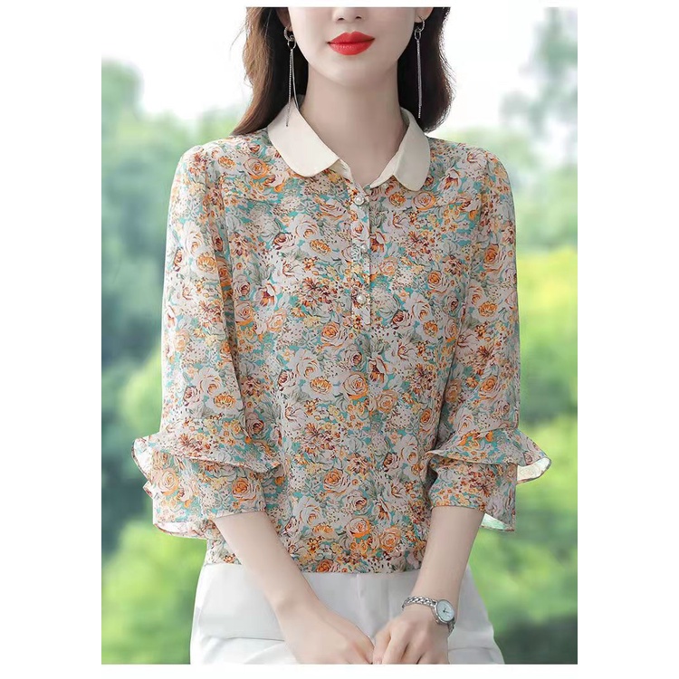 Áo Sơ Mi Chiffon Tay Lửng Cổ Bẻ In Họa Tiết Hoa Phong Cách Phương Tây Thời Trang Mùa Hè Dành Cho Nữ