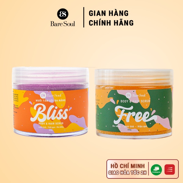 Combo Muối tắm tẩy tế bào chết da đầu, tóc và cơ thể BareSoul BLISS Body &amp; Hair Scrub 300g + FREE Body &amp; Hair Scrub 300g