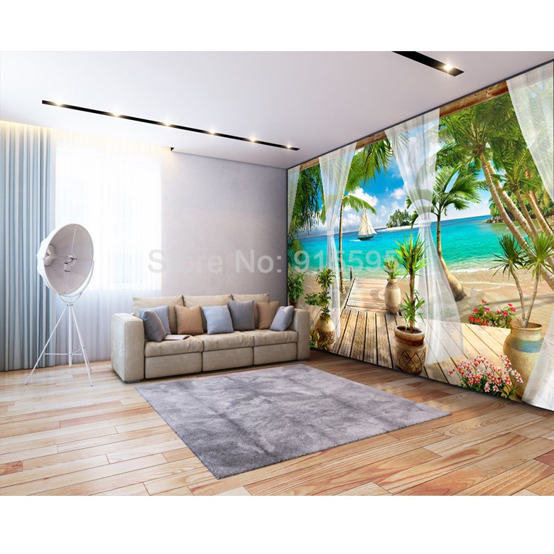 Giấy Dán Tường 3D Hình Bãi Biển Trang Trí Phòng Khách / Phòng Ngủ