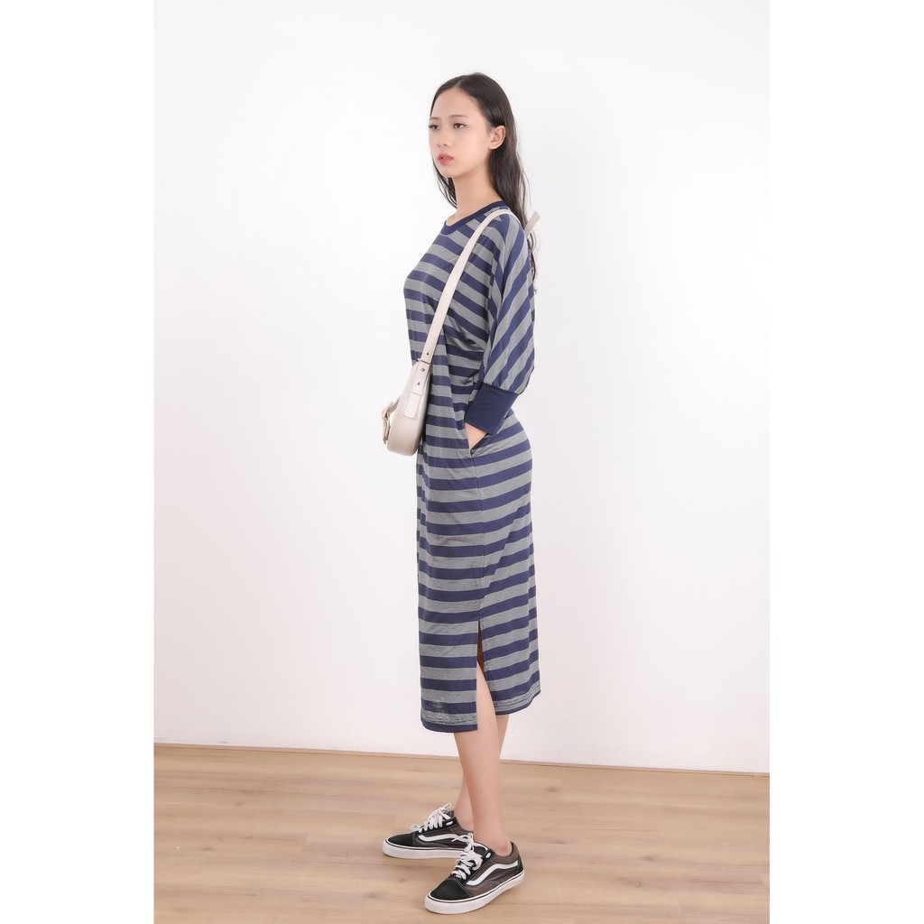 Đầm suông nữ dáng dài, họa tiết kẻ, bo tay, thiết kế cao cấp TK FASHION DKB38