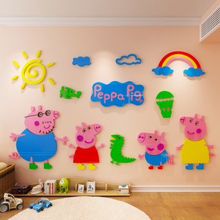 Tranh dán tường 3d cho bé, mica dán nổi, Gia đình pepa pig, trang trí mầm non, khu vui chơi trẻ em