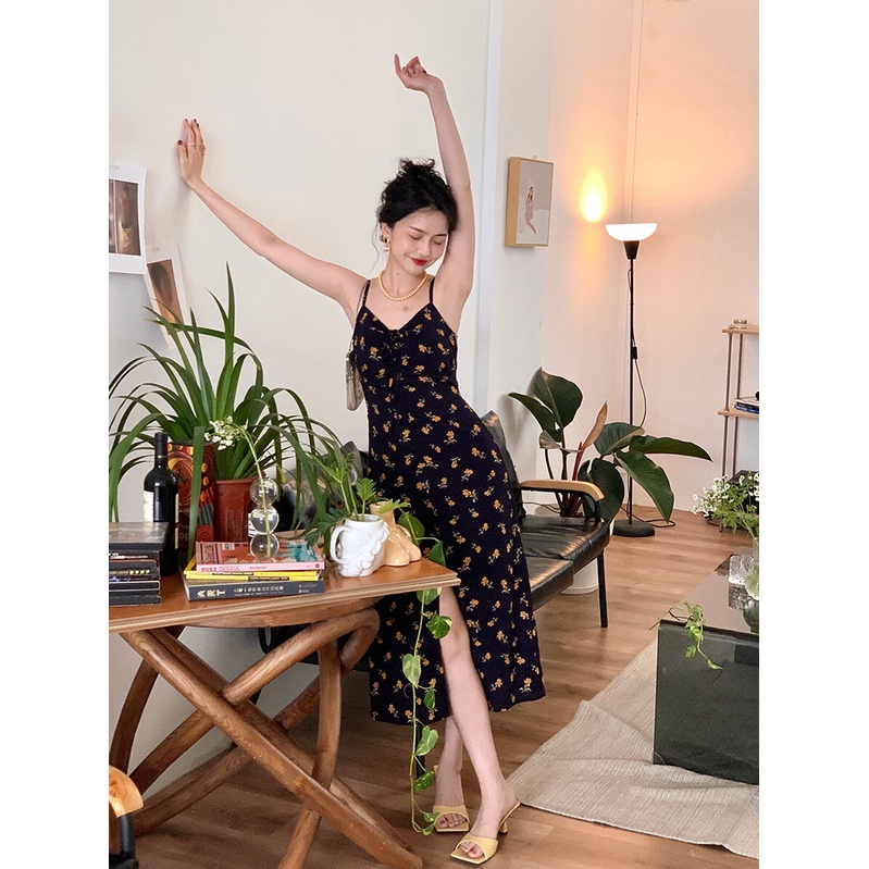 Set Áo Cadigan Mỏng + Váy 2 Dây Summer Trend Họa Tiết Hoa Nhí Kiểu Pháp Retro Cho Nữ