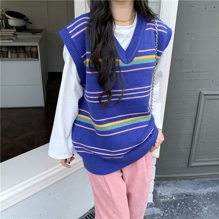 Áo dệt kim không tay dáng rộng hoa văn kẻ sọc phong cách retro Hàn Quốc cho nữ