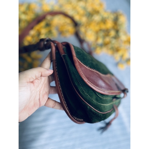 SALE- túi si da lộn phối da mộc xanh rêu