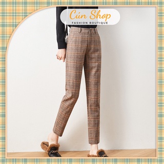 Quần baggy kẻ ống đứng cạp cao phong cách Hàn Quốc - Cún Shop