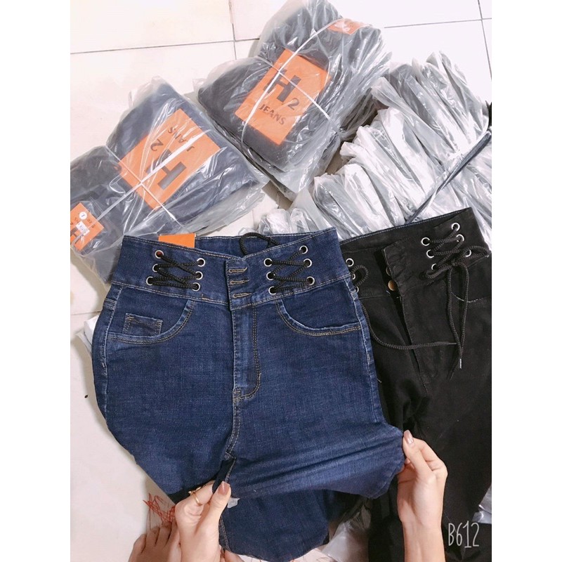 Quần bò cạp cao dây đan 2 bên