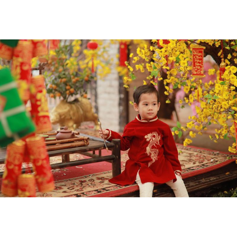 🔥CÓ KÈM MẤN🔥RỒNG THÊU🔥ÁO DÀI CÁCH TÂN NHUNG CHO BÉ TRAI GÁI