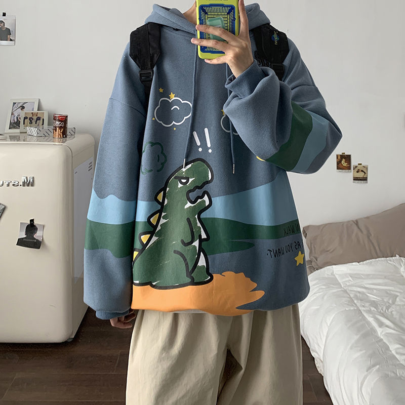 Áo hoodie sweater dáng rộng in hình khủng long kiểu Hàn Quốc cho nam