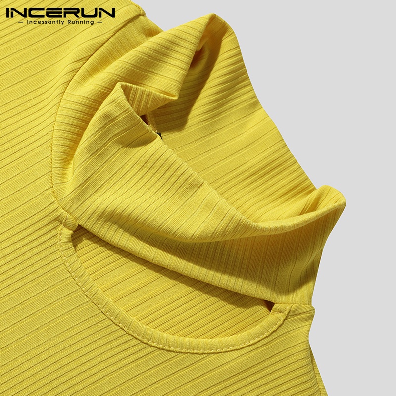 Áo thun INCERUN tay dài cổ cao khoét rỗng thời trang dành cho nam