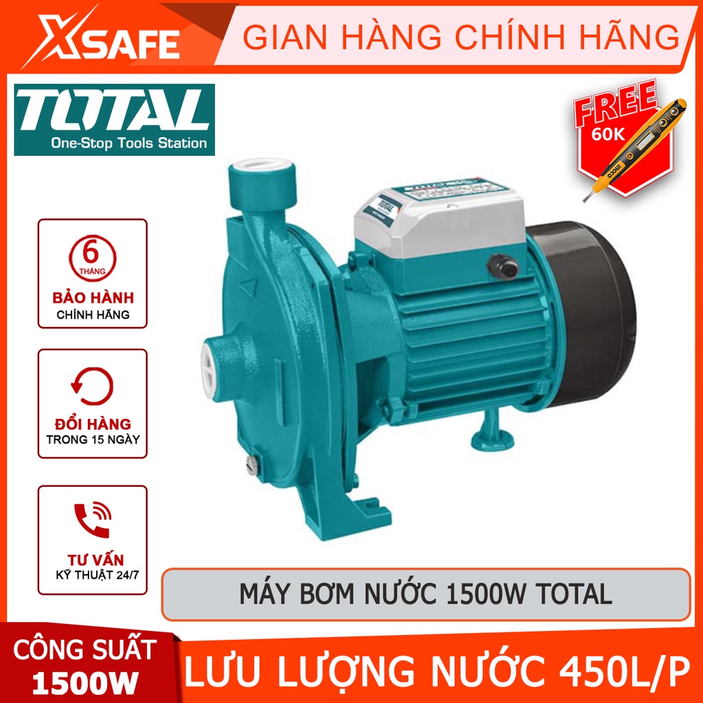 Máy bơm nước TOTAL TWP215002 Máy bơm mini công suất 1.500W(2HP), hút sâu 8m, mô tơ dây đồng, cánh quạt đồng thau - XSAFE