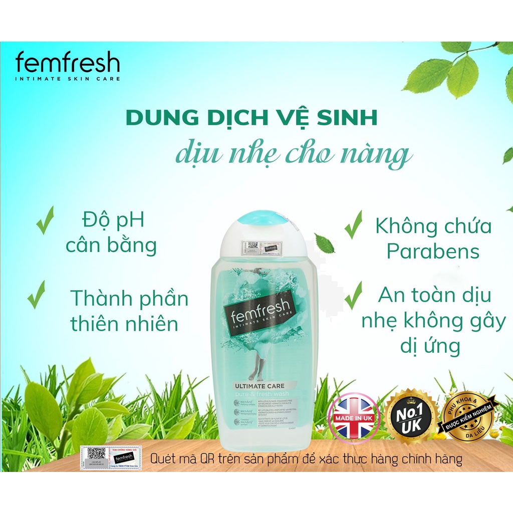 Dung dịch vệ sinh cao cấp cho da nhạy cảm Femfresh Pure &amp; Fresh Wash - Xanh Lá 250ml