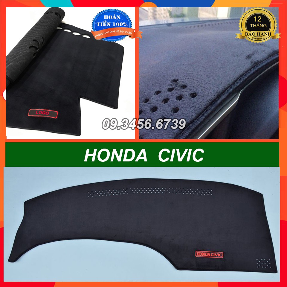 Thảm taplo nhung lông cừu xe Honda Civic 2007-2013 màu đen cao cấp đế có chống trượt