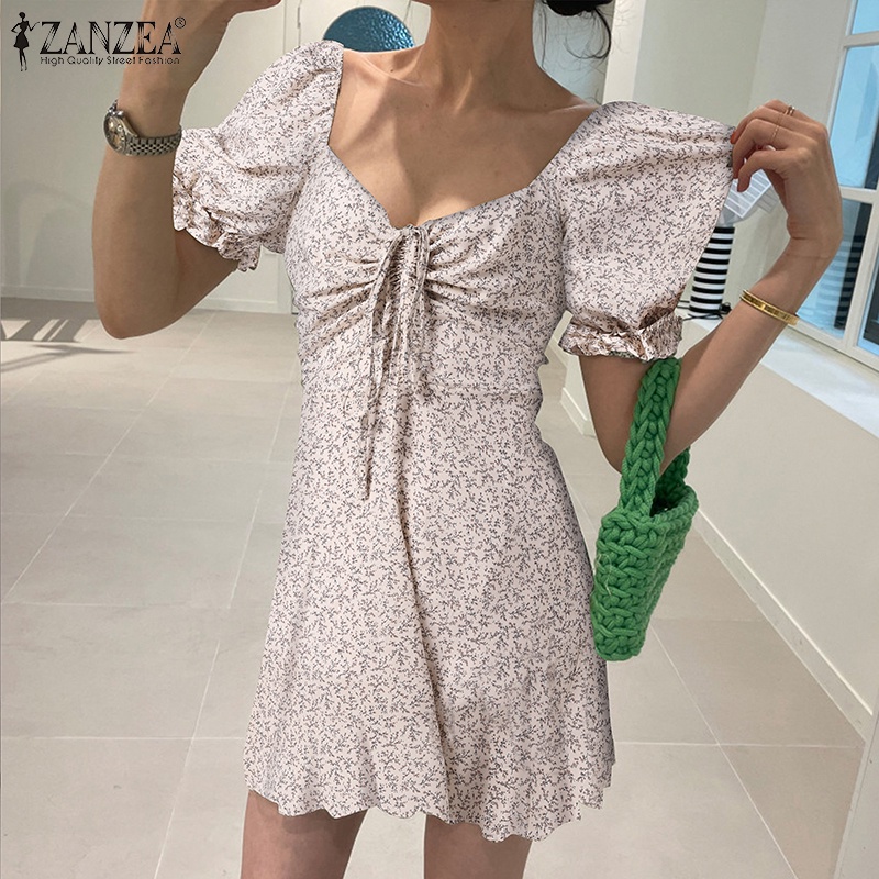 ZANZEA Đầm Tay Phồng Cổ Vuông Phối Dây Rút In Họa Tiết Thời Trang Cho Nữ