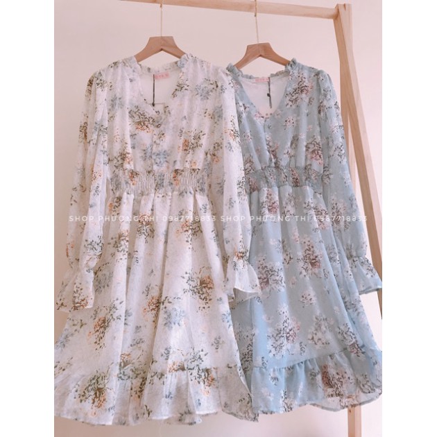 VÁY NỮ_ Váy hoa nhí vintage cổ V nền trắng be hoa xinh JAMOO (hàng sẵn) | BigBuy360 - bigbuy360.vn