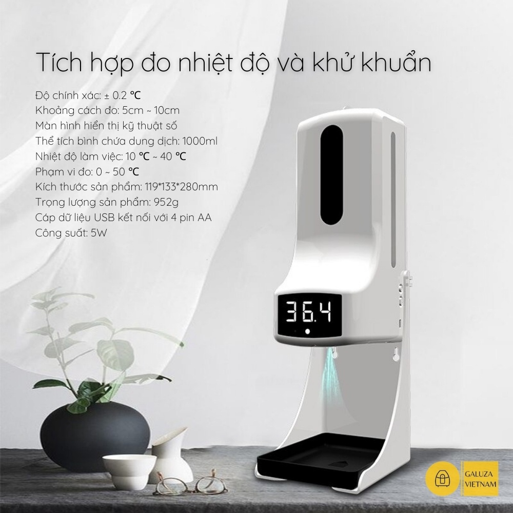 Nhiệt kế hồng ngoại kết hợp máy rửa tay khử khuẩn treo tường K9 Pro, máy tích hợp đo nhiệt độ và khử trùng lòng bàn tay