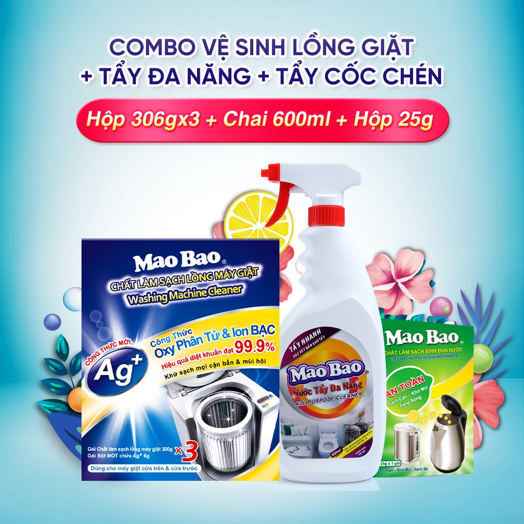 Combo 01 hộp Chất vệ sinh lồng máy giặt Mao Bao hộp 306g x 3 gói + 01 chai nước tẩy đa năng chai 600ml + quà tặng