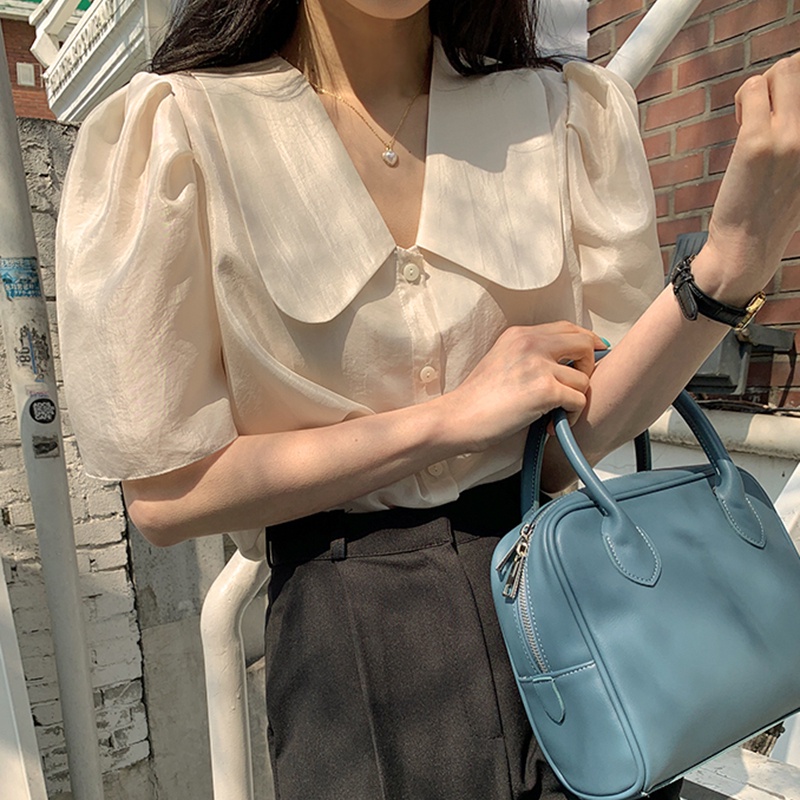 Áo Sơ Mi Tay Phồng Cổ Chữ V Màu Trơn Phong Cách Hàn Quốc Dễ Thương Cho Nữ