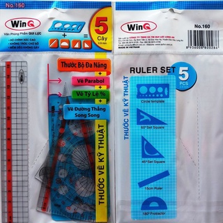 Bộ thước dẻo 5 cây WinQ (1 thước kẻ thẳng 15cm, 1 Êke, 1 thước tam giác cân, 1 thước đo độ và 1 thước lỗ tròn).