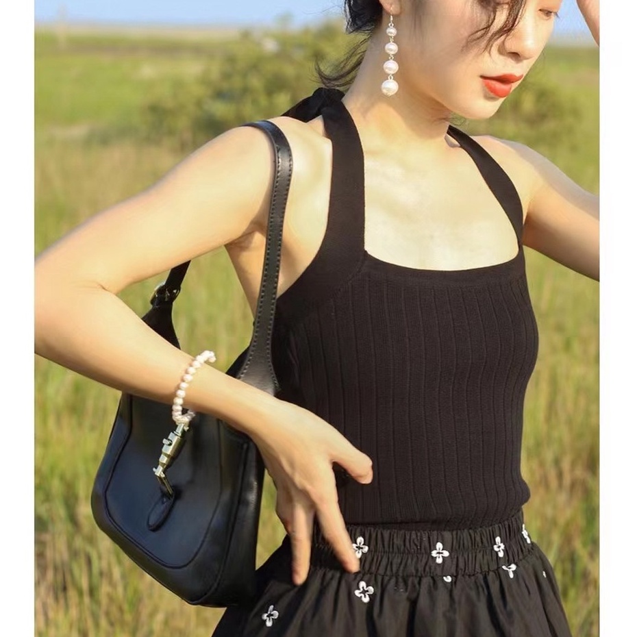 Áo Hai Dây Dệt Kim Màu Đỏ Phong Cách Retro Thời Trang Mùa Hè Cho Nữ