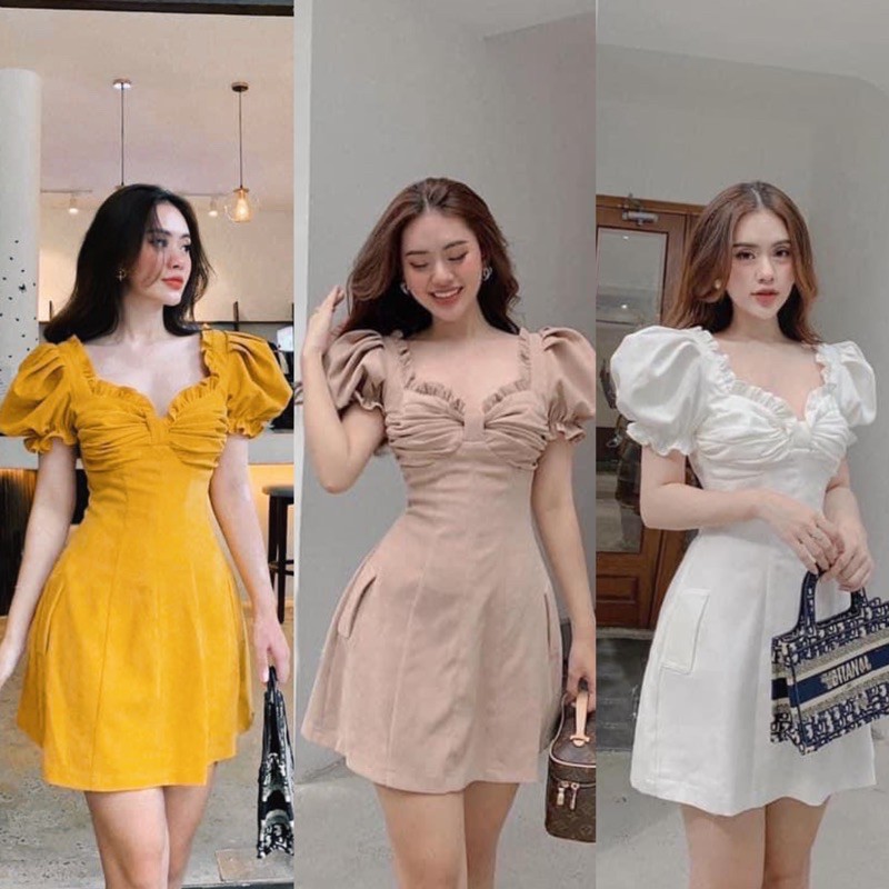 [Mã WASTMAY giảm 15% tối đa 30K đơn 150K] Đầm tay bồng xếp li ngực viền bèo