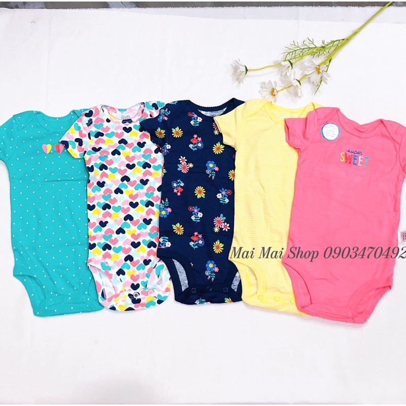 (Set như hình) Set 5 body chip cộc tay xuất dư cho bé gái 6-24M- Set màu giống hình- Bodysuit cotton mát