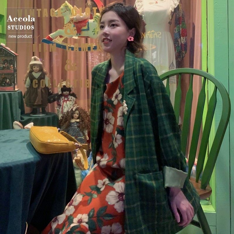 xa (ORDER) Áo khoác blazer nữ kẻ sọc caro màu xanh lá style Hàn Quốc vintage (New_Arrivals_Hot) (MẪU_MỚI_HOT) h