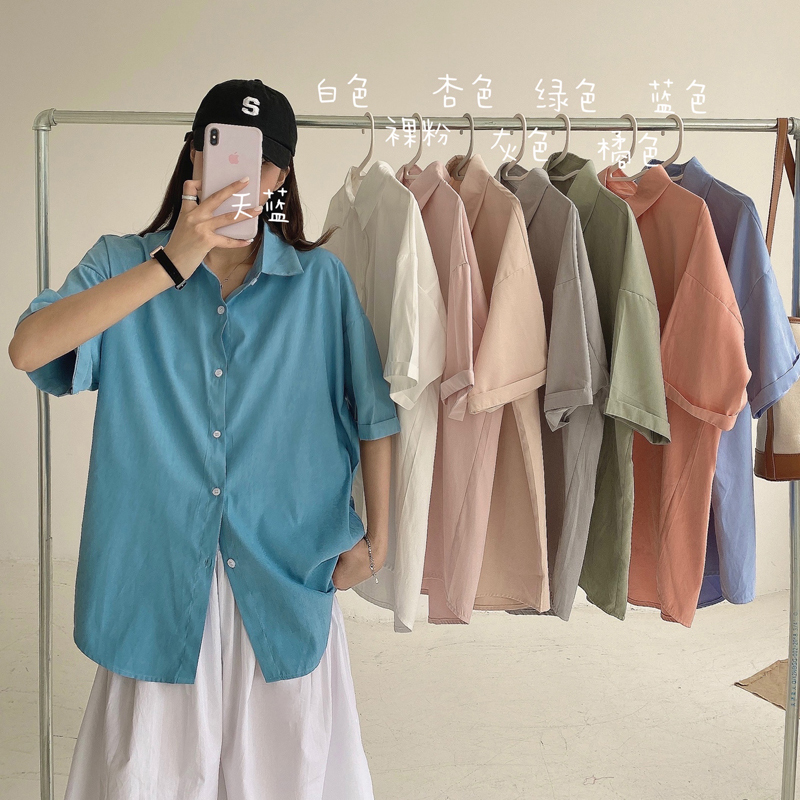 Áo sơ mi nữ tay ngắn dáng rộng phong cách retro thời trang Hàn Quốc nhiều màu tùy chọn