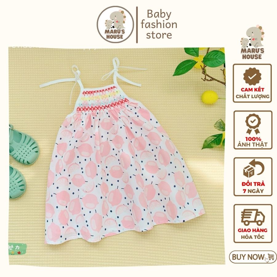 Đầm yếm hai dây cho bé gái smock chun ngực màu hồng chanh xinh xắn MARUHOUSE , Váy yếm Babydoll mùa hè cho bé