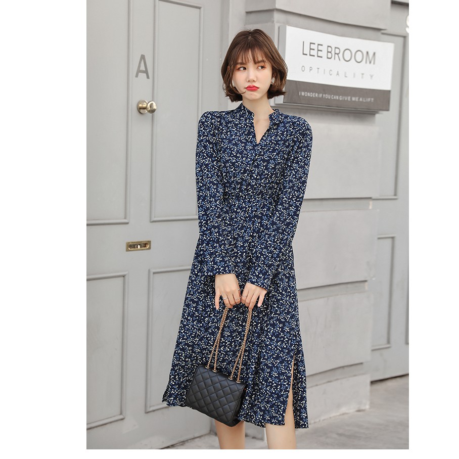 Korean Vintage Long Sleeve Casual Dresses Women Spring Summer Print V Neck Midi Dress Blue | BigBuy360 - bigbuy360.vn