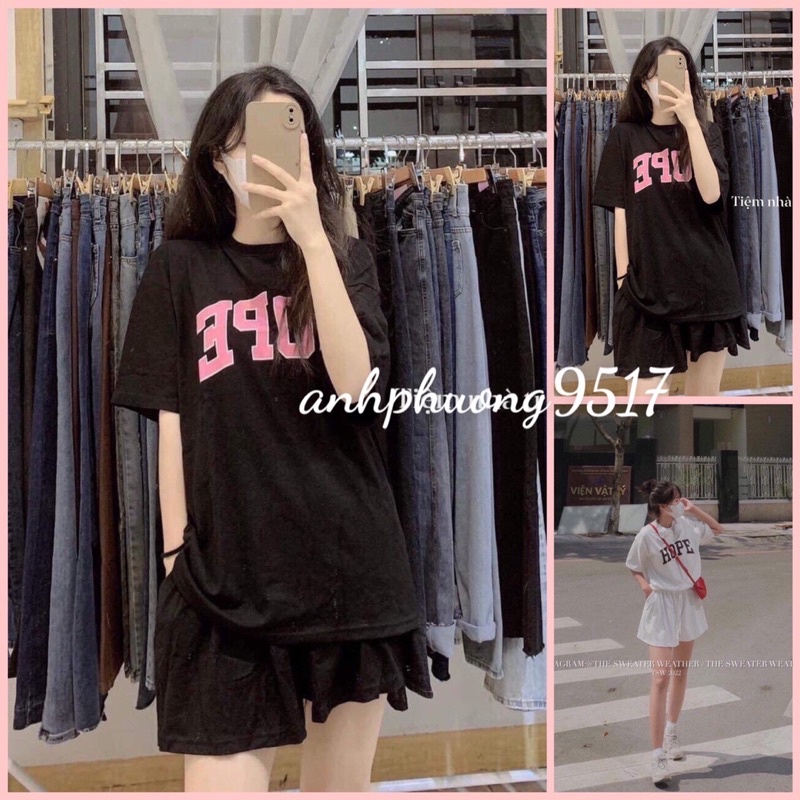 Sét Đồ bộ HOPE nam nữ  unisex form thụng giá rẻ áo phông chất cotton mềm mịn mix quần đùi ngố trơn đen