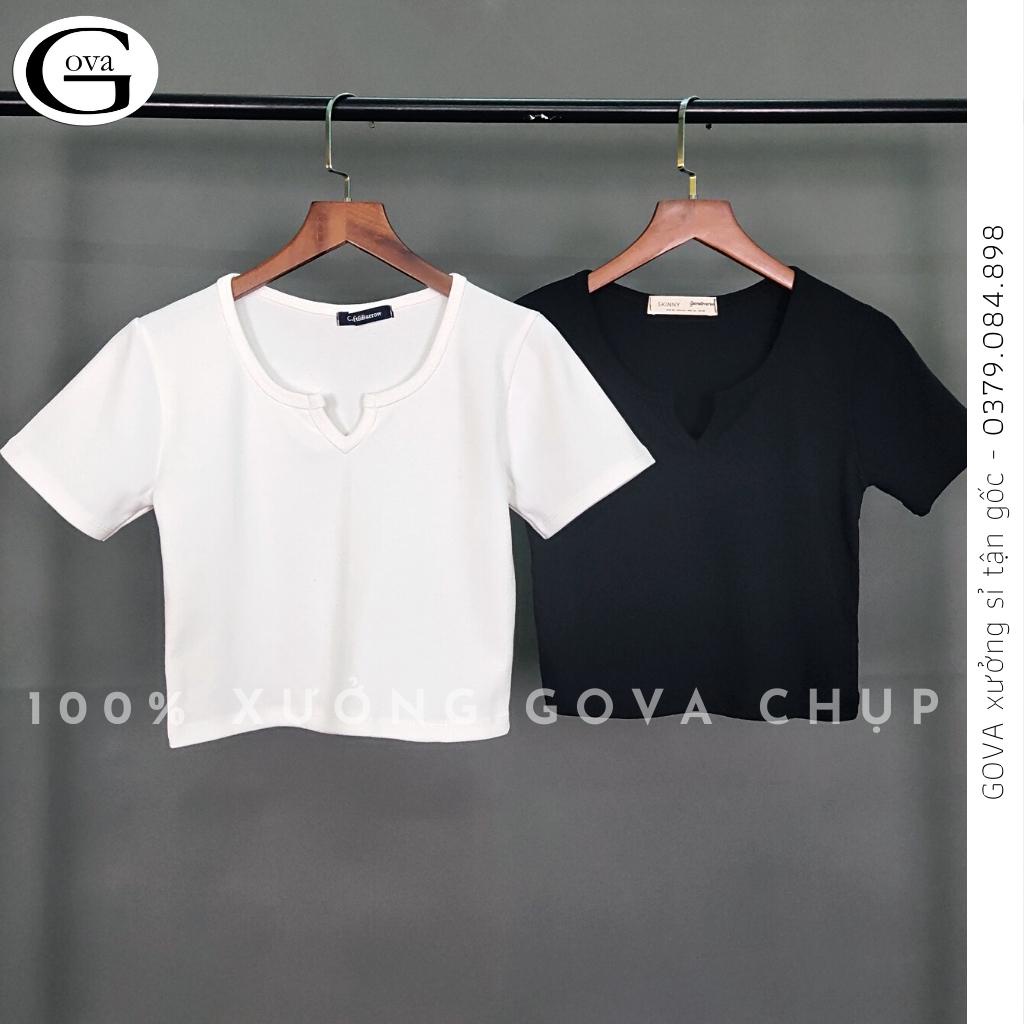 Áo Croptop CỔ KHOÉT CHỮ V TAY NGẮN Thun Cotton Kiểu Sexy Nữ, Áo Thun Ôm Body Đẹp GOVA