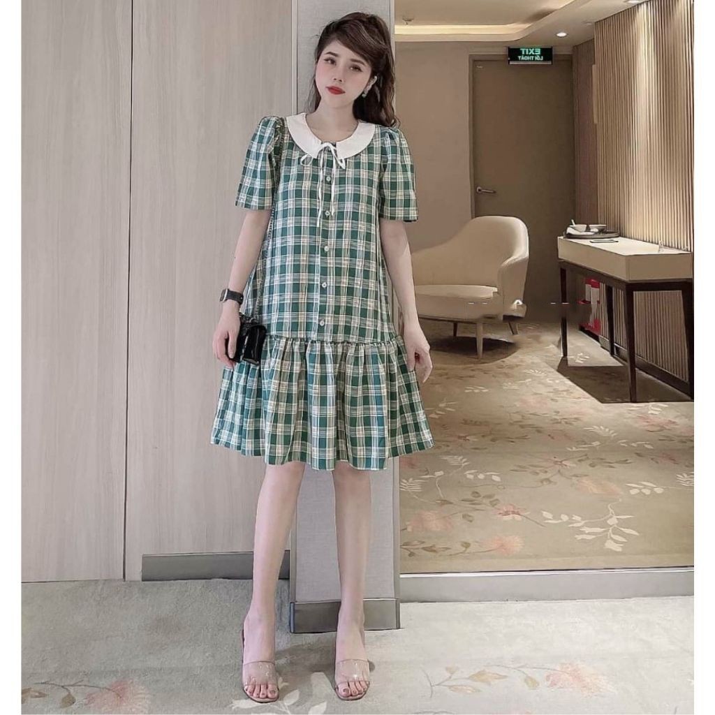 Váy bầu công sở - đầm bầu mùa hè kẻ xanh chất thô hàn mềm mịn BN45 - Shop Mẹ Ken