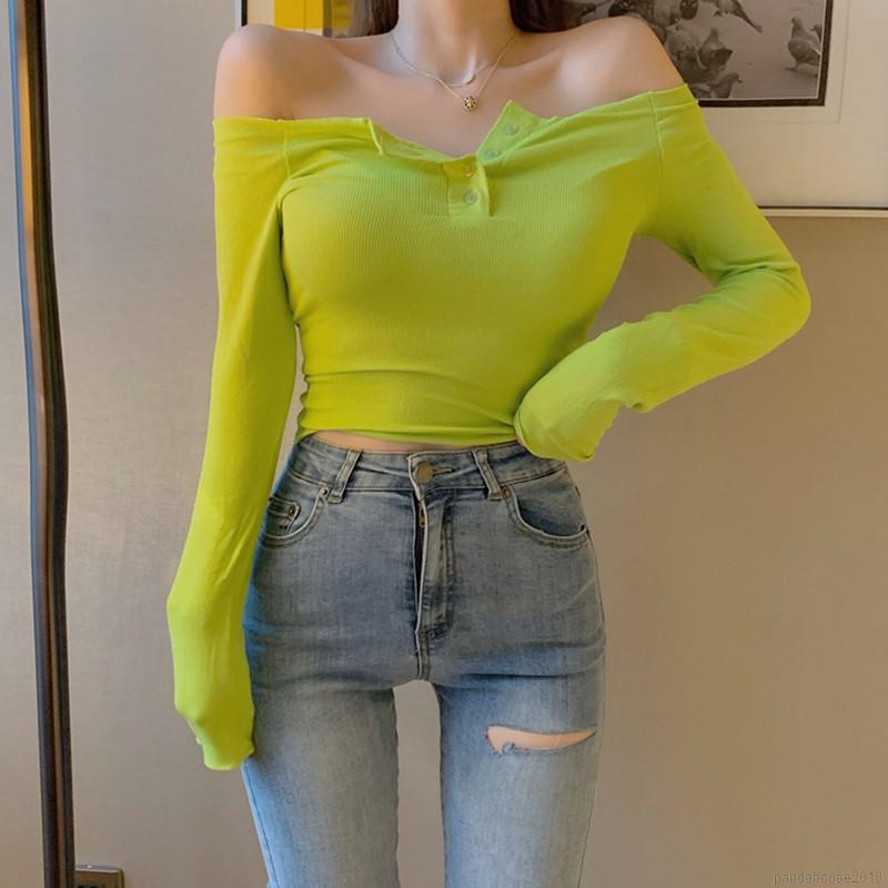 Women T-shirts Autumn Winter T-shirt Slim Slash Neck Long-sleeved Slim Off-shoulder One Neck T-shirts | BigBuy360 - bigbuy360.vn