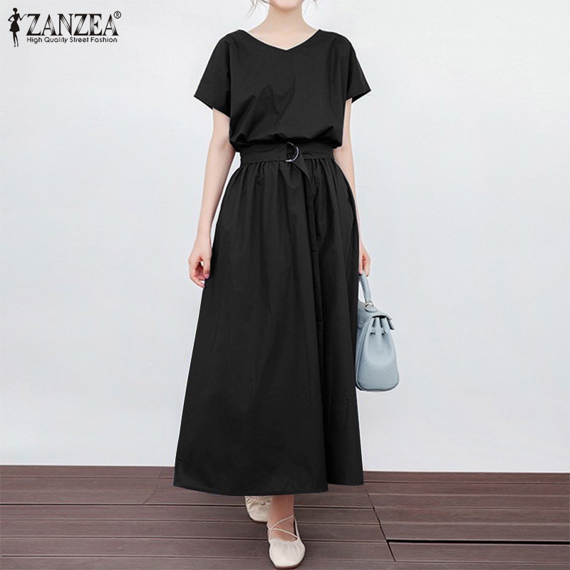 Zanzea Đầm Dài Tay Ngắn Cổ Chữ V Form Rộng Thời Trang Cho Nữ