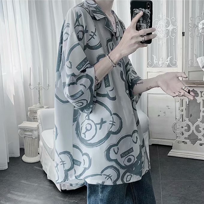Áo sơ mi nam tay ngắn in hình gấu cá tính Simple Fashion unisex bigsize áo thun có cổ Hàn Quốc from rộng  lụa áo sơ mi nam ngắn tay