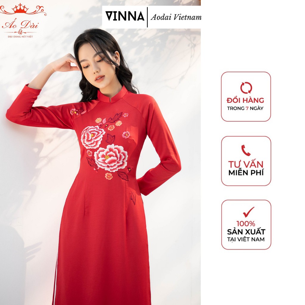 Áo dài truyền thống lụa thêu hoa mẫu đơn màu đỏ cao cấp chuẩn hãng VINNA
